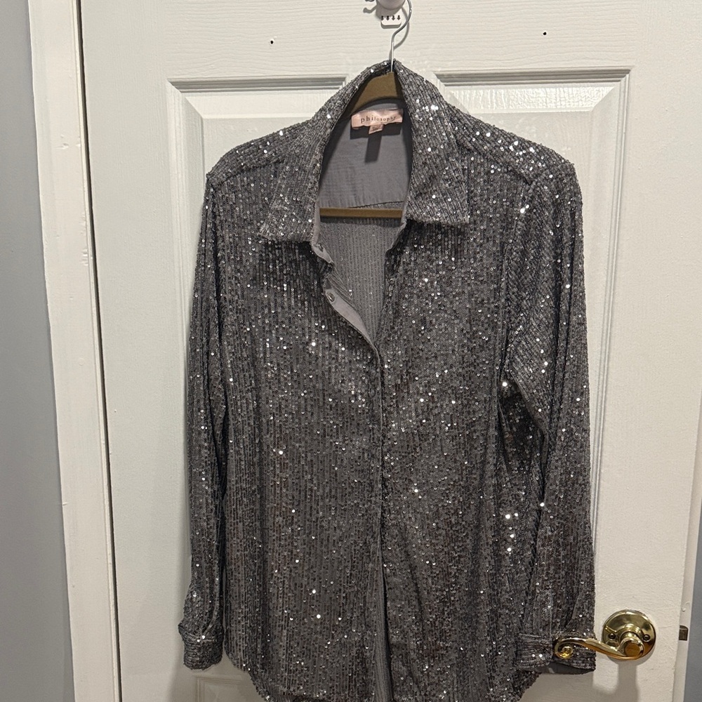 Philosophy Silver Sequin Button Down Shirt - image 1